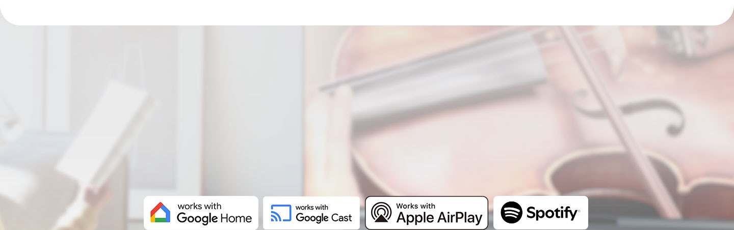 Works with Google Home, Works with Google Cast, Works with Apple AirPlay and Spotify logos against living room setting.