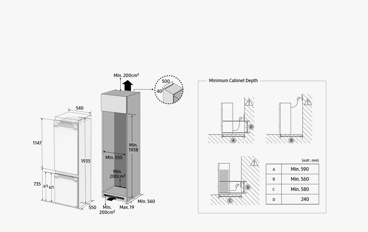 These are the detailed specifications for the installation of the BRB80F TWC model. (unit:mm) The height of the product is 1935, the width is 540, and the depth is 550. The top is 1147, the bottom door is 621, but including the handle is 671, and including the door gap is 735. The furniture cabinet has a height of MIN.1938 and a width of MIN. 555, depth MIN.560 required. The bottom of the furniture cabinet and the top and bottom of the back door require MIN.200㎠ ventilation holes with a width of 500 and a height of 40, respectively. Also, the thickness of the furniture cabinet is Max.19. Minimum cabinet depth requires MIN.590(A) if the rear outlet (D) is higher than 240, and MIN.580(C) if it is lower than 240. And if the outlet is higher than the refrigerator level, you will need MIN.560(B).