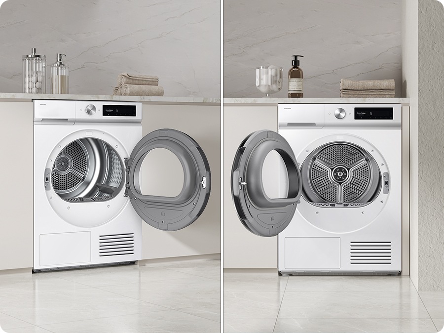 The doors of the same two dryer open in different directions. It shows the reversible door feature at a glance.