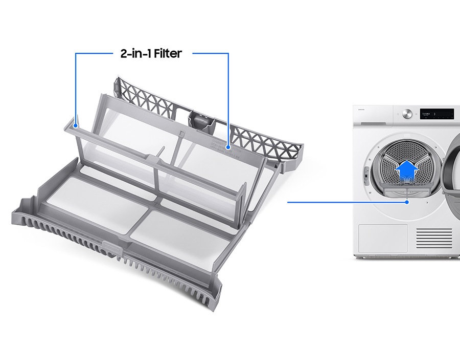 The bottom of the drum of the dryer is equipped with a 2-in-1 filter. The arrow shows the direction to remove the filter from the bottom of the drum.