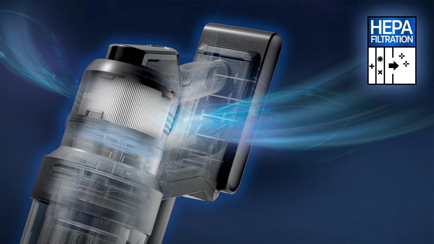 Showing the filter section of a vacuum cleaner equipped with a HEPA filter. It has a transparent dust container and white filter, with blue light effects representing clean airflow contrasting against the dark background. A HEPA filtration icon is placed in the upper right corner.