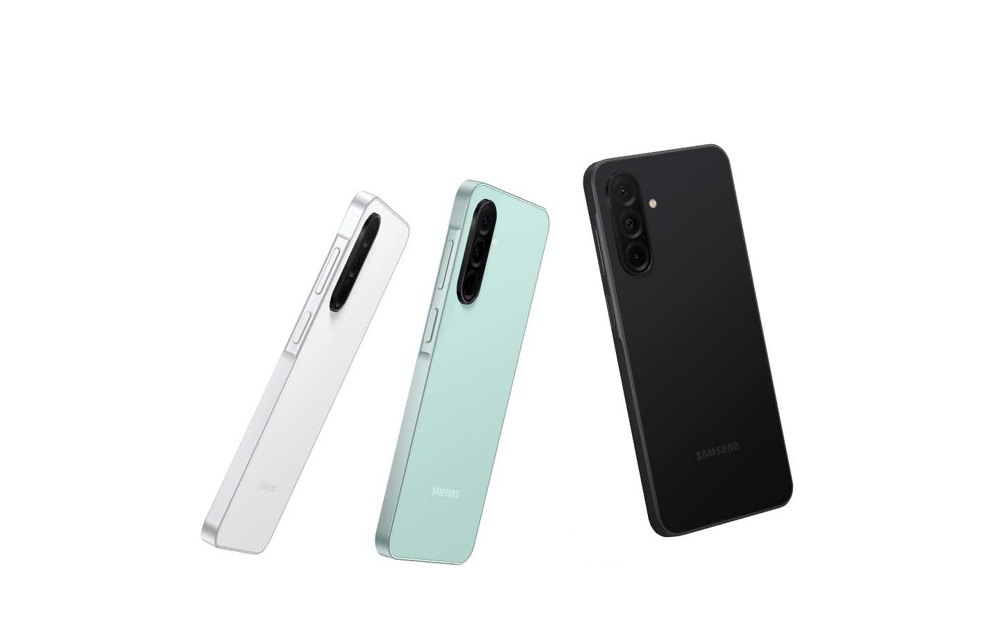 Four Galaxy A26 5G devices in White, Mint, Peach Pink and Black, showcasing their glass back featuring a 3-camera layout.