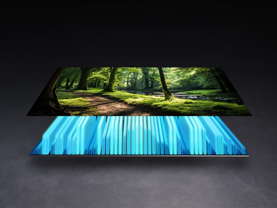 Split screen shows how the Quantum Matrix Technology Slim backlight is behind a clear, vivid scene of a forest on a TV.