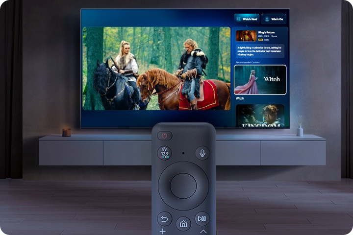 A TV displays a scene from a historical show and a menu of content recommendations to Watch Next, all controlled by a remote.