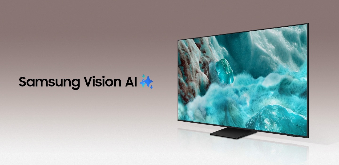 The words Samsung Vision AI is accompanied by the Samsung AI logo. Nearby, a TV turns on to display a blue landscape.
