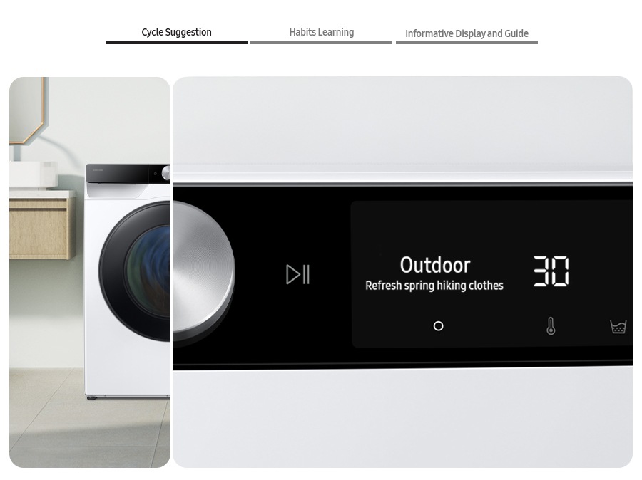 The AI washer’s control panel displays the Cycle suggestion, Habits learning, Informative display and guide.
