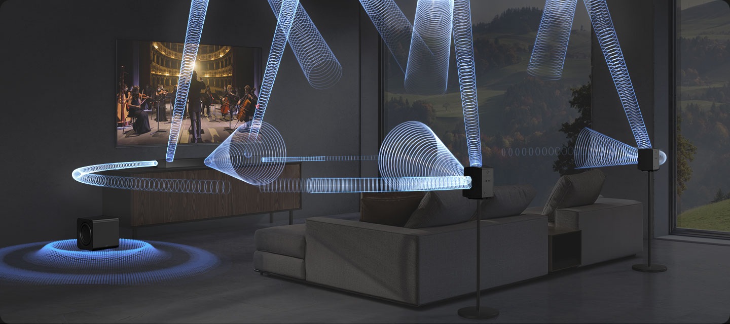 Living room setting with a TV and full Q990F setup. Sound waves emanate from various angles from the soundbar placed beneath the TV, the subwoofer on the floor next to the media cabinet, and the rear speakers on side tables behind the sofa, travelling in multiple directions to fill the room.