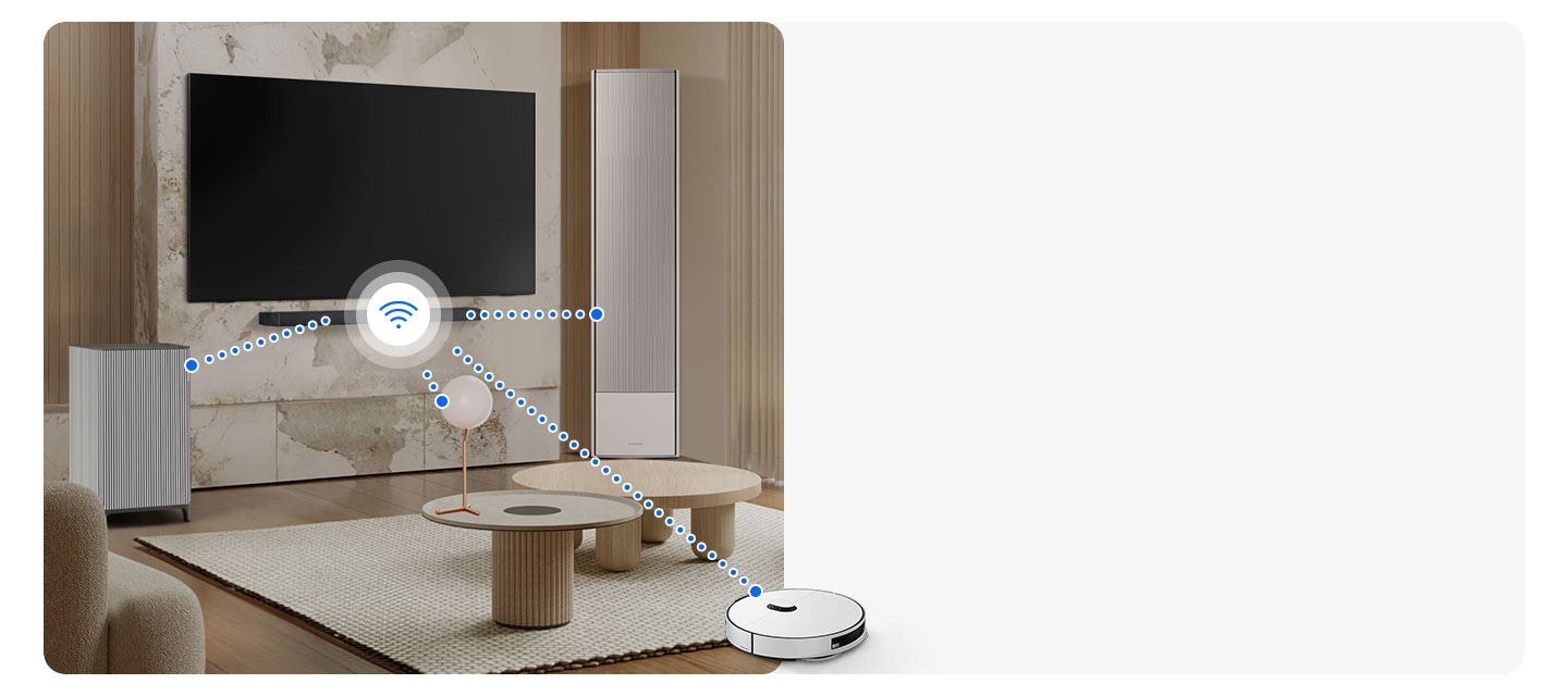 In a living room, a soundbar on the wall gives off a Wi-Fi signal. Various dotted lines appear, connecting the soundbar to the other devices in the room, including a robot vacuum cleaner, a lamp, an air conditioner and an air purifier.