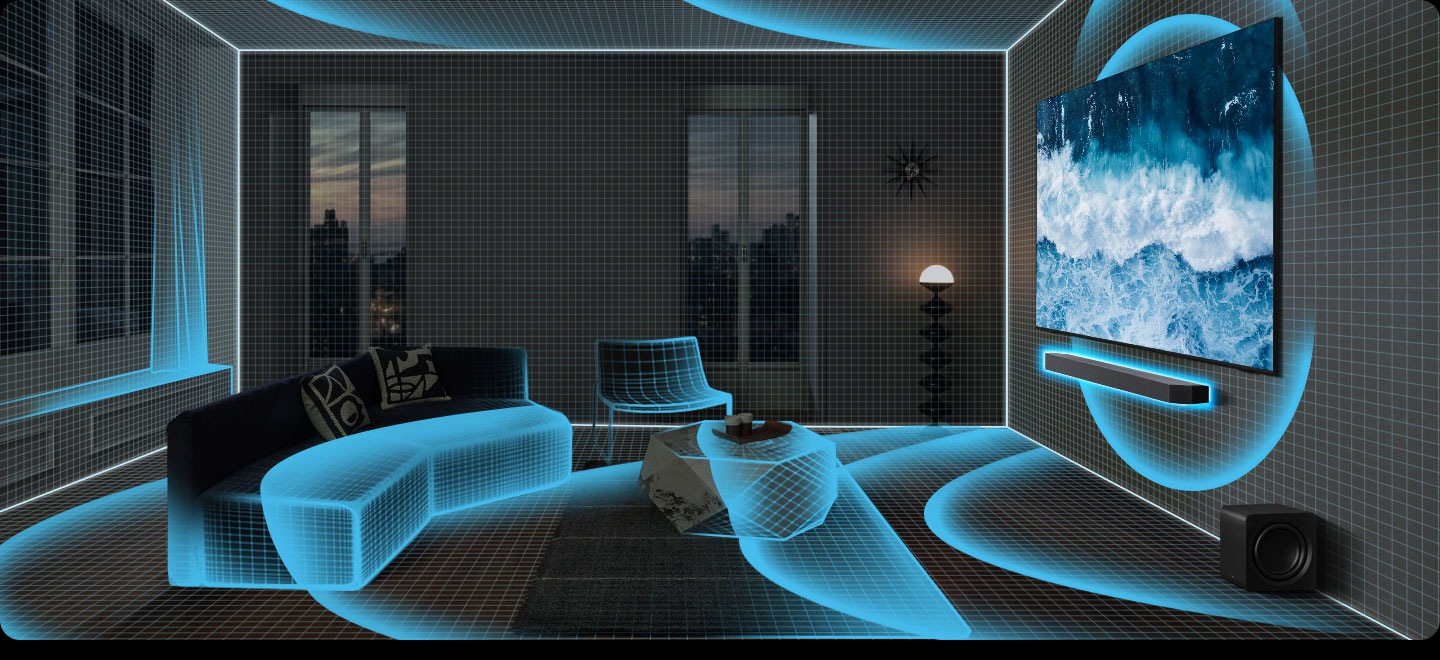 A living room with TV and soundbar turns into a sketch style with the objects fading into mere outlines. The soundbar gives off a single pulse that travels across the entire room and analyzes the space. Then the soundbar and subwoofer emanate sound waves, indicating that audio is being played.