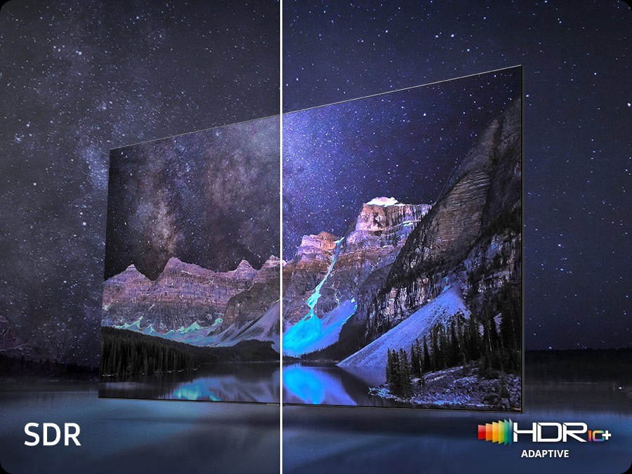 Neo QLED TV is displaying mountains and a starry night. The scene after applying HDR 10+ ADAPTIVE technology is much brighter and crisper than the SDR version.