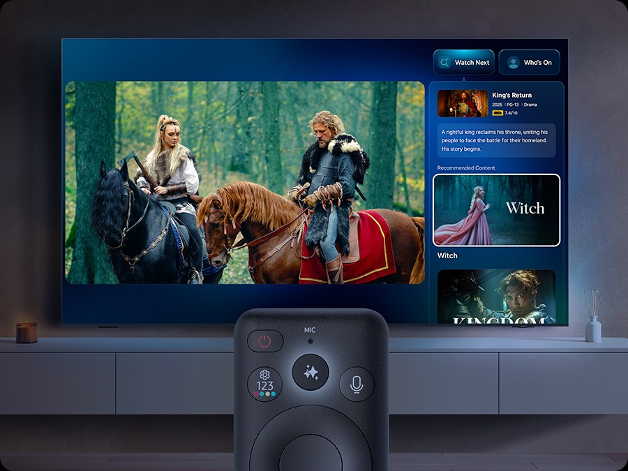 The AI button on a remote is clicked, causing a nearby TV to provide content recommendations to Watch Next on screen.
