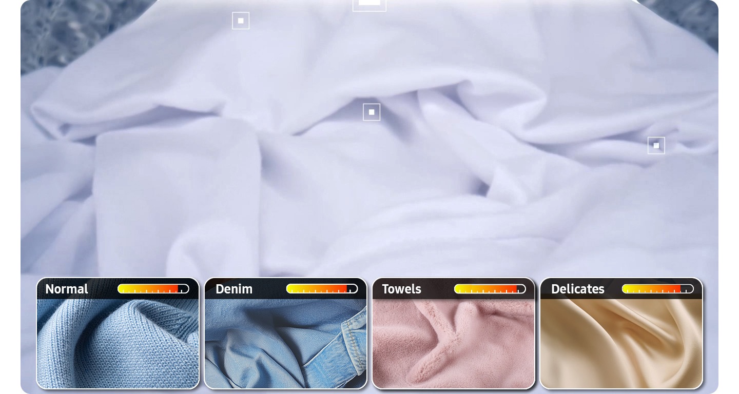 Cotton, denim, and knitwear are detected in the dryer drum. AI Dry+ detects four types of fabrics: normal, denim, towels, and delicates, so it dries with the appropriate amount of heat. This sensor intelligence for smarter drying saves 20% of energy and 20% of time.