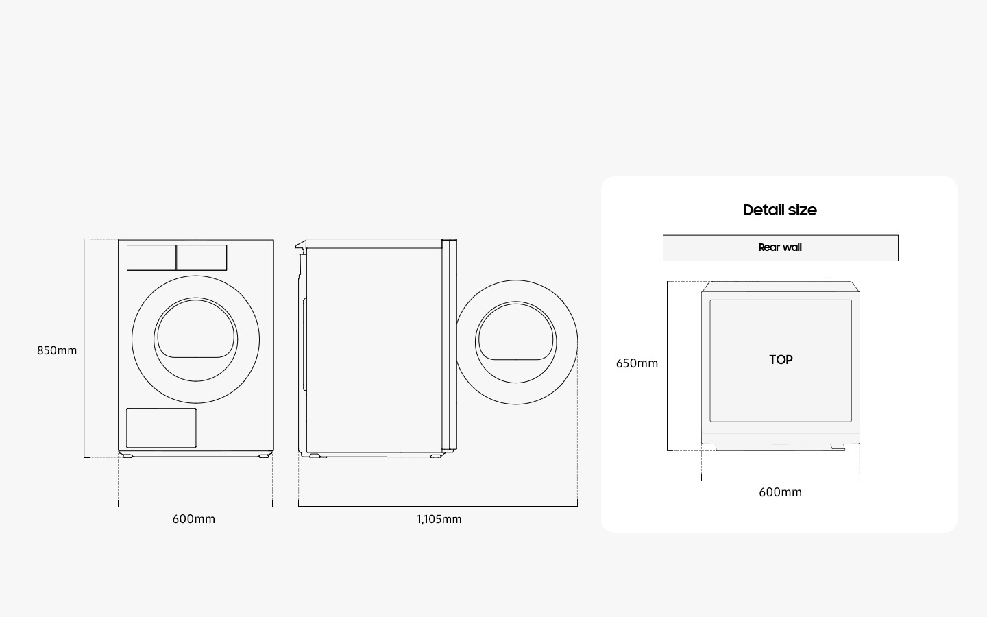 Illustration shows the Dryer’s dimensions from the front, side, and top. Detail size is measured 600mm in width, 850mm in height, and 650mm in depth. When the door in the front is opened, it measures 1,105mm in total width. The dryer must be installed with some spacing from the rear wall.