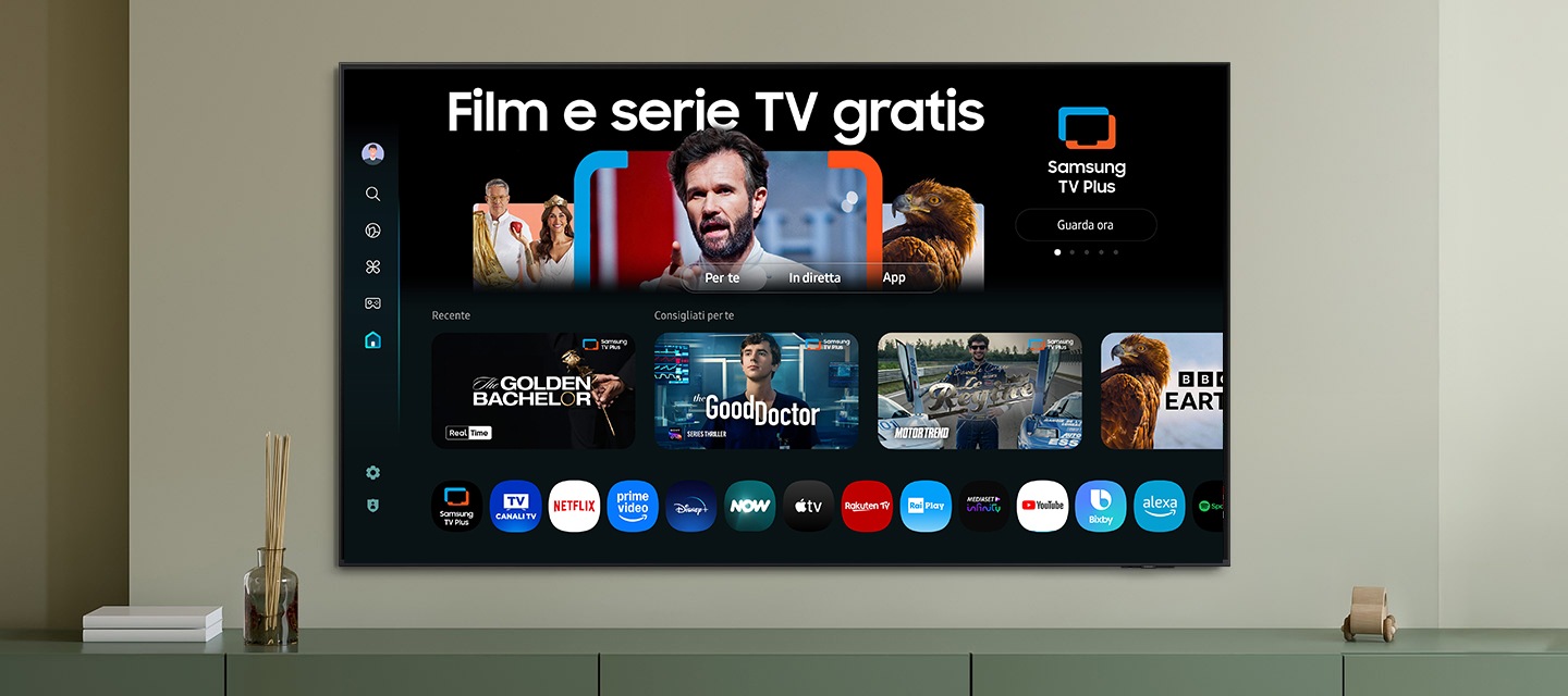 One UI Tizen’s home screen, with the various apps and services available, is displayed on a TV in a living room.