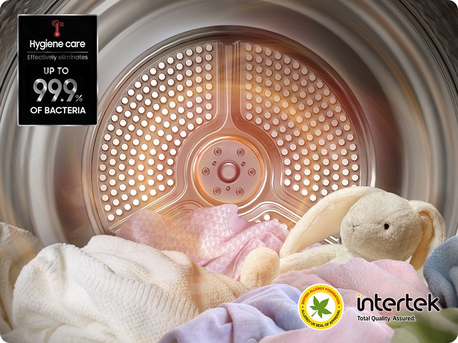 High temperature heat is emitted from Heater inside the dryer drum, drying clothes and dolls. Hygiene care effectively eliminates up to 99.9% of bacteria and certified by Intertek, total quality, assured. It also certified by BRITISH ALLERGY FOUNDATION and ALLERGY UK SEAL OF APPROVAL is shown in right bottom.