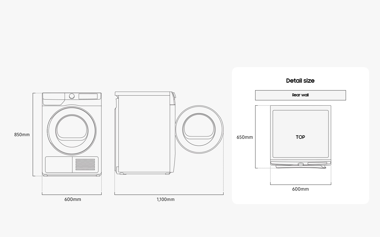 Illustration shows the Dryer&rsquo;s dimensions from the front, side, and top. Detail size is measured 600mm in width, 850mm in height, and 650mm in depth. When the door in the front is opened, it measures 1,100mm in total width. The washer must be installed with some spacing from the rear wall.