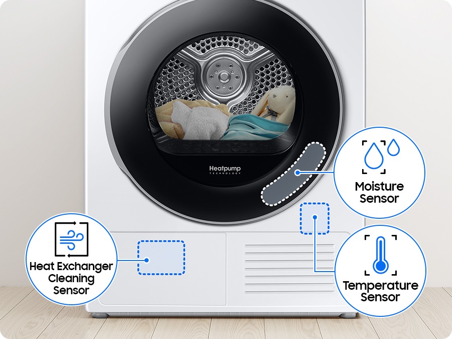 The dryer has a moisture sensor on the bottom of the drum, a temperature sensor on the bottom right, and a heat exchanger cleaning sensor on the bottom left.