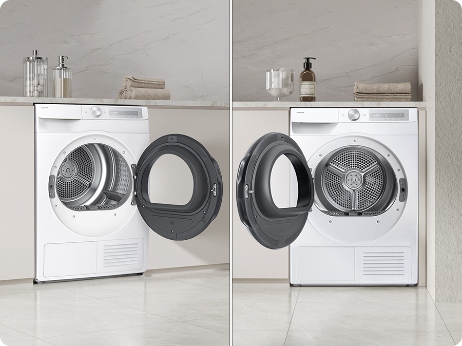 The doors of the same two dryer open in different directions. It shows the reversible door feature at a glance.