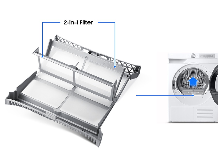 The bottom of the drum of the dryer is equipped with a 2-in-1 filter. The arrow shows the direction to remove the filter from the bottom of the drum.
