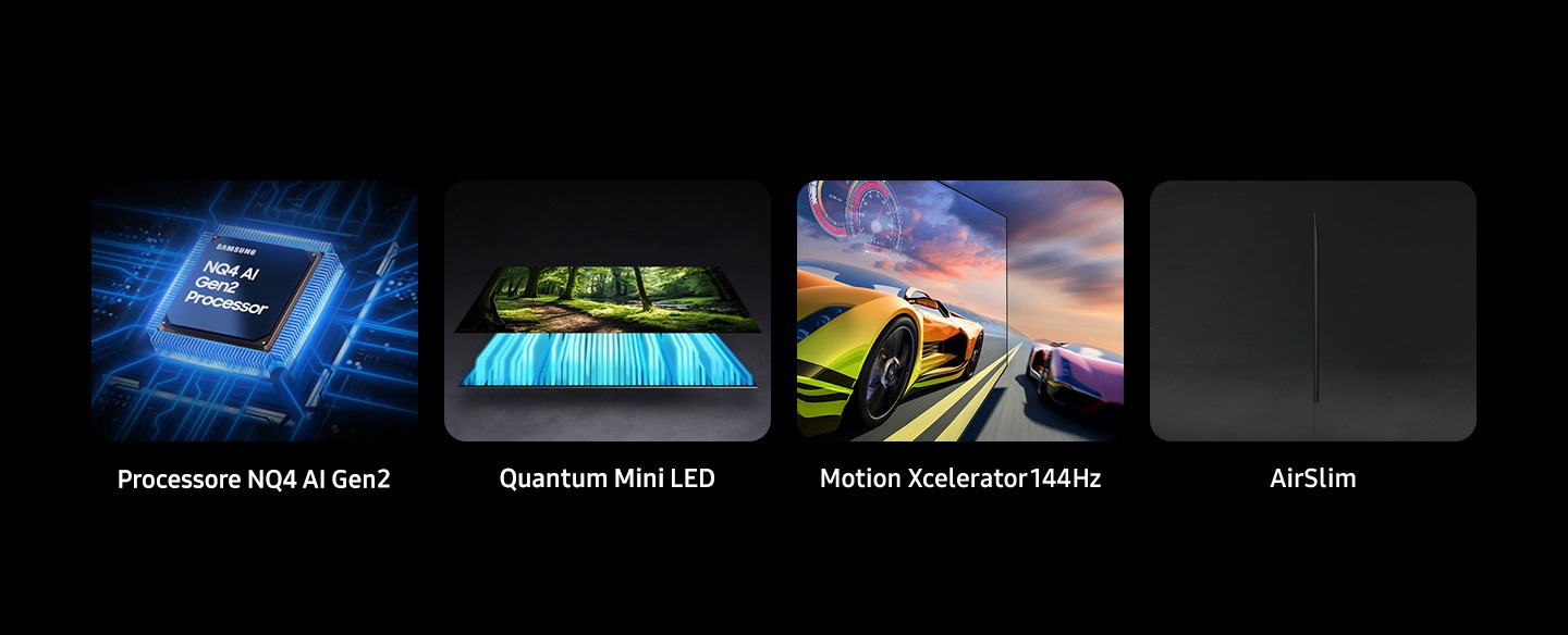Samsung NQ4 AI Gen2 Processor, Motion Xcelerator 144Hz, Quantum Matrix Technology Slim and AirSlim.