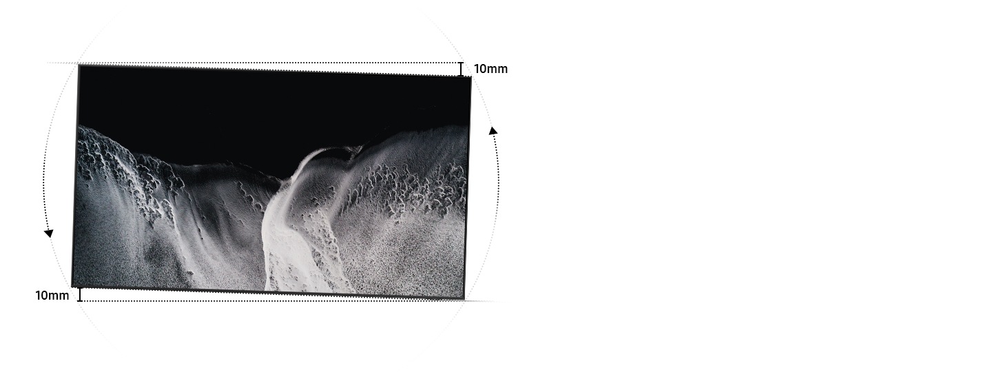 A TV is hung slightly off-center. Dotted lines and arrows show how it can be centered by swiveling 10mm on each side.