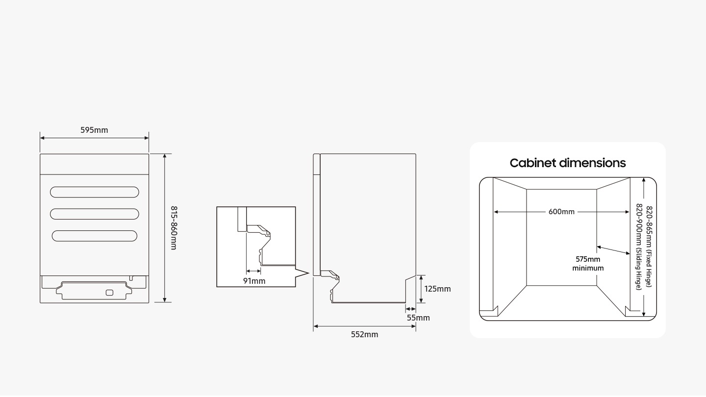 Diagrams highlight the dimensions of the dishwasher : height = 815-860mm, width = 595mm, depth (incl. door) = 552mm. The bottom of the door is higher than the base and there is a gap of 91mm behind it to allow it to open. The bottom of the rear protrusion is 125mm higher than the base and there is a gap of 55mm front it. Another diagram shows the dimensions of the cabinet that the dishwasher can be installed in: height = 820-865mm (fixed hinge) and 820-900mm (sliding hinge), width = 600mm , depth = 575mm minimum.