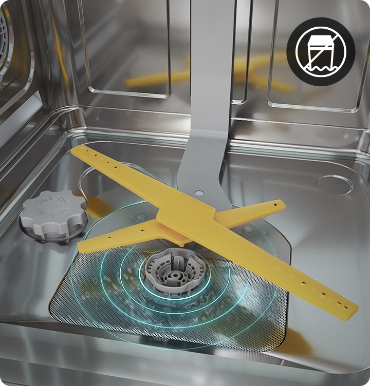 Shows the water drainage system inside the dishwasher to illustrate how Aqua Stop protects against leaks. This feature is shown in icon.