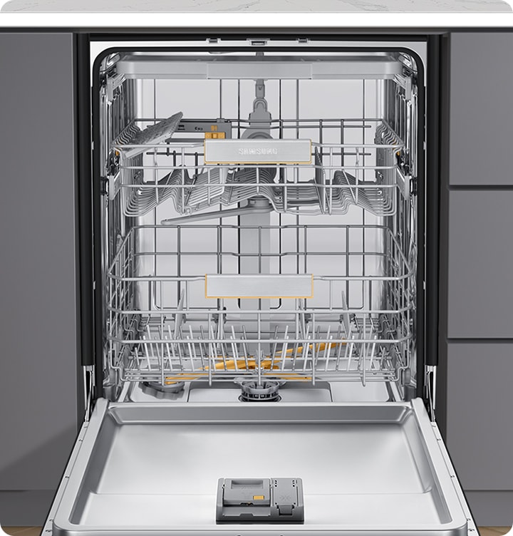 Shows the sparkling clean interior of the dishwasher after using the Machine Care function to remove dirt and odor-causing bacteria.