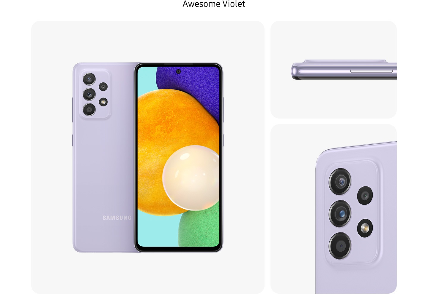 1. Viola Galaxy A52 5G in Awesome Violet, visto da varie angolazioni per sottolineare il design: vista anteriore, posteriore, laterale e dettaglio della fotocamera posteriore.