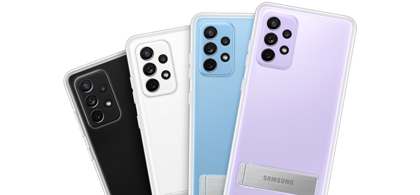 4 cover (Clear Standing Cover con Galaxy A72 nero/bianco/blu/viola) disposte a ventaglio in ordine.