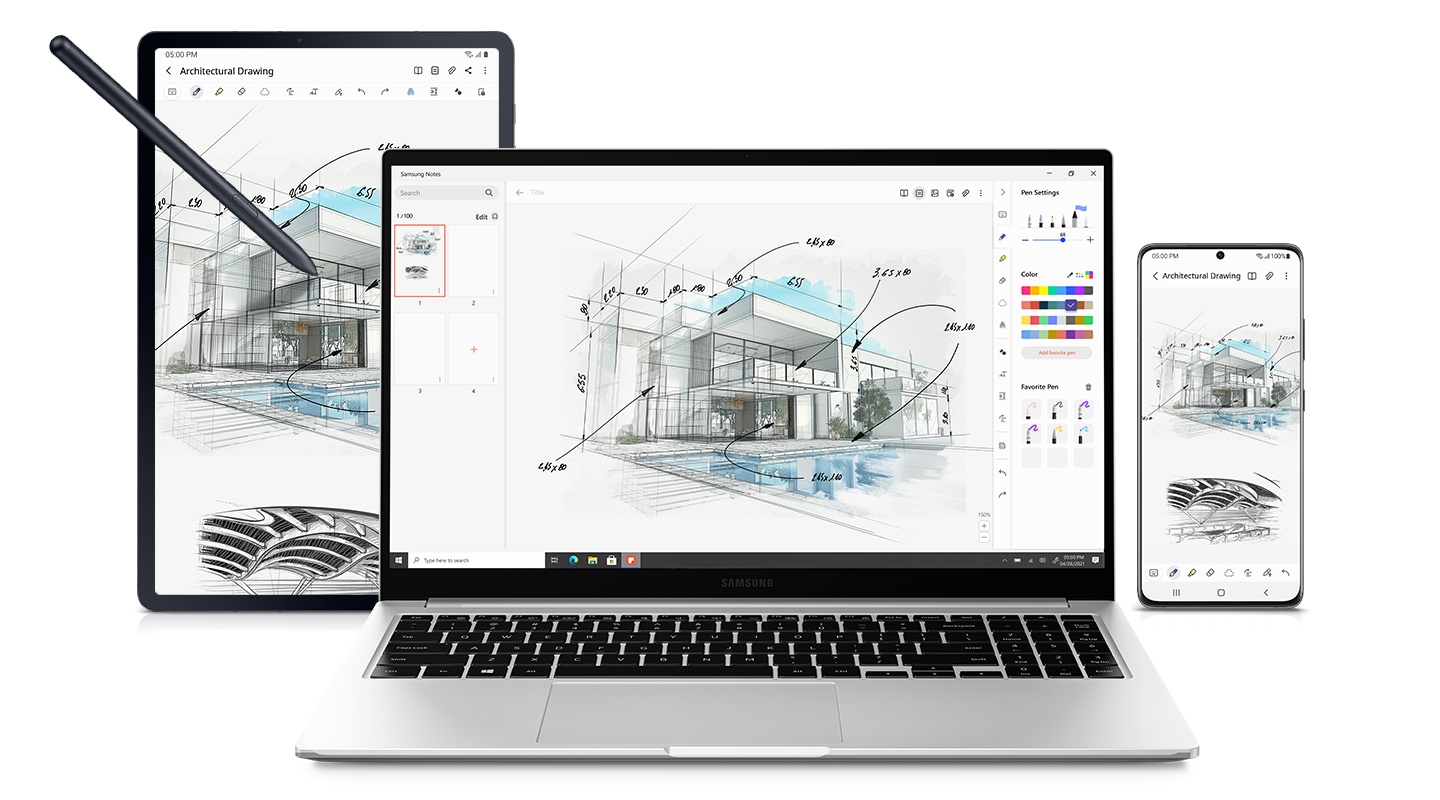 Galaxy Book placed in the center with a hand drawing in real-time, and a mobile phone and Galaxy Tab S7 are placed side by side. Displayed on all three screens is an architectural drawing, demonstrating that the devices are auto-synced via Samsung Notes.