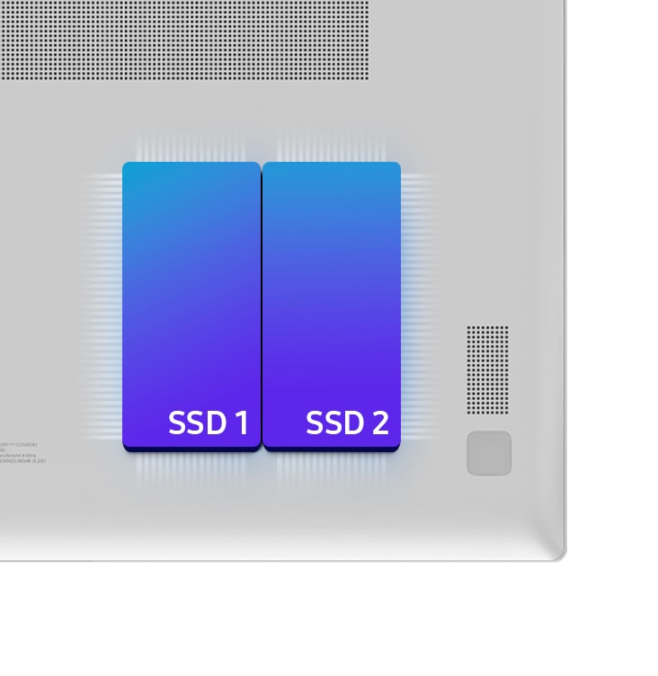 Half right of the Galaxy Book's bottom shown with two blue square-shaped slots indicating SSD 1 and SSD 2. Using SSD slots, disk space can be expanded.
