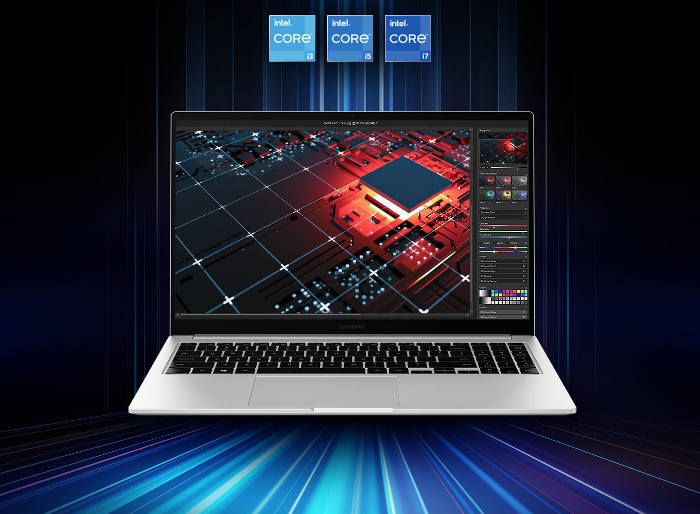 There's a Galaxy Book facing to the front, with display showing illustration of memory chipsets in red and blue graphics in background. Up on the laptop are three badges, indicating intel core i3, i5, i7.