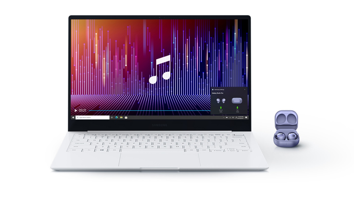 A pair of Galaxy Buds Pro are placed next to the Galaxy Book Pro, while Buds are inside their case. Displayed on the laptop screen is a music player, with an easy-pairing pop-up on the down right corner showing that the two devices are paired via Bluetooth connection.