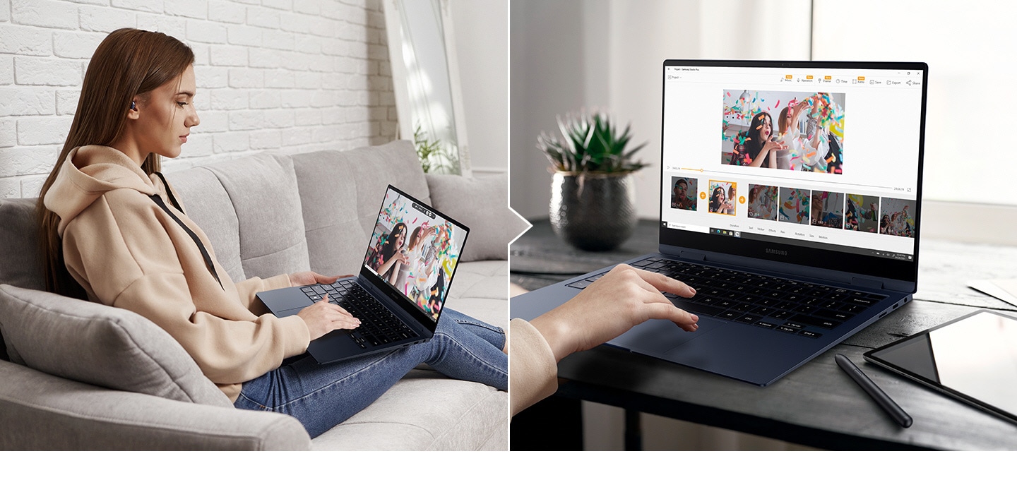 Two photos are shown side by side. In the first picture, a woman is looking through a video in which party was filmed, sitting on her couch in her living room, using Screen Recorder. The second picture shows a simple editing process using Studio Plus.