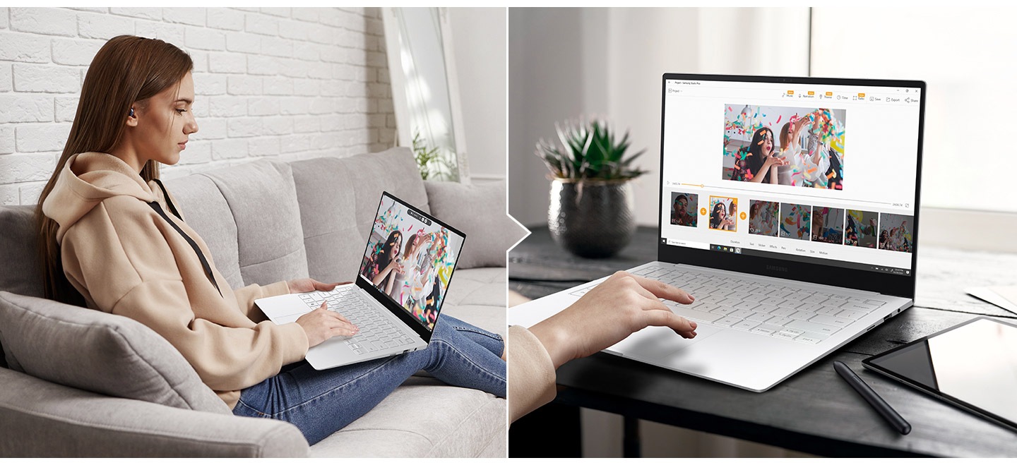 Two photos are shown side by side. In the first picture, a woman is watching a video that she recorded during a party sitting on her couch. Second picture shows a simple video editing process using Studio Plus.