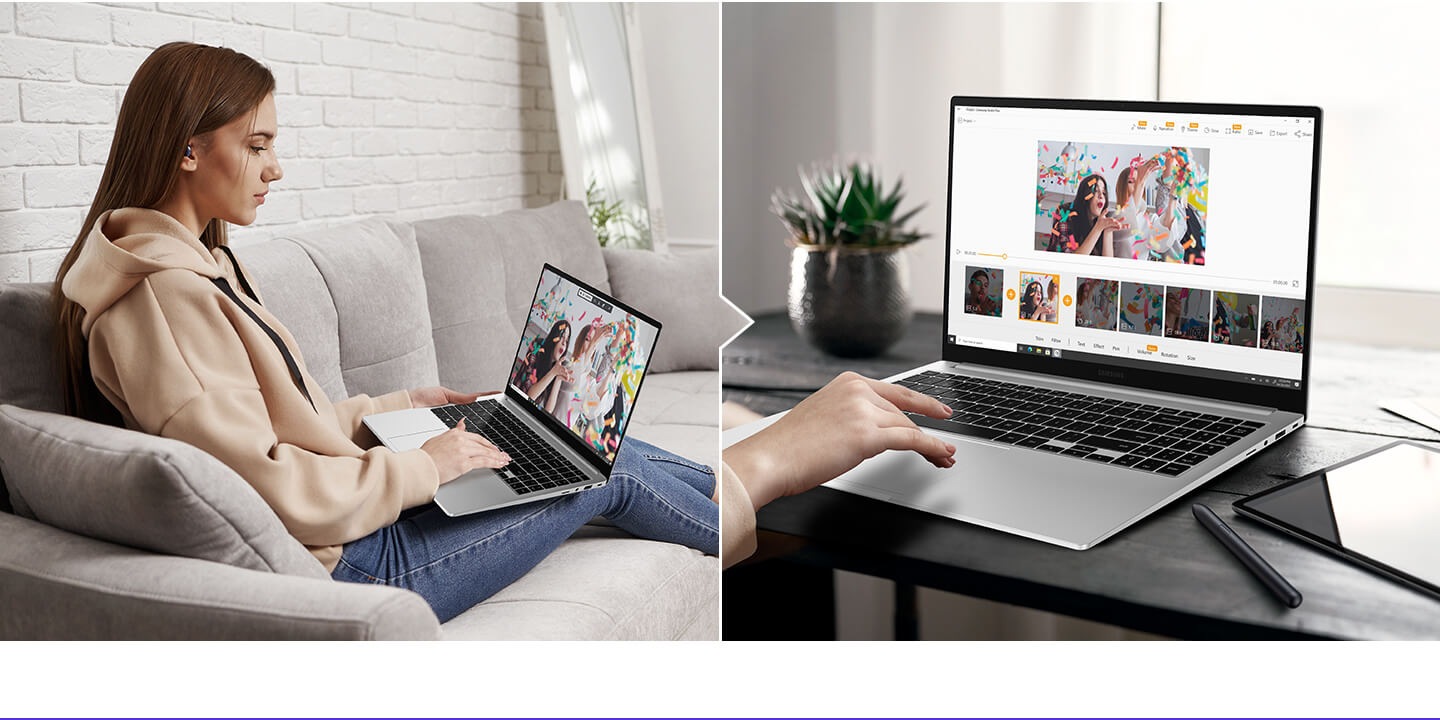 Two photos are shown side by side. In the first picture, a woman is looking through a video in which party was filmed, sitting on her couch in her living room, using Screen Recorder. The second picture shows a simple editing process using Studio Plus.