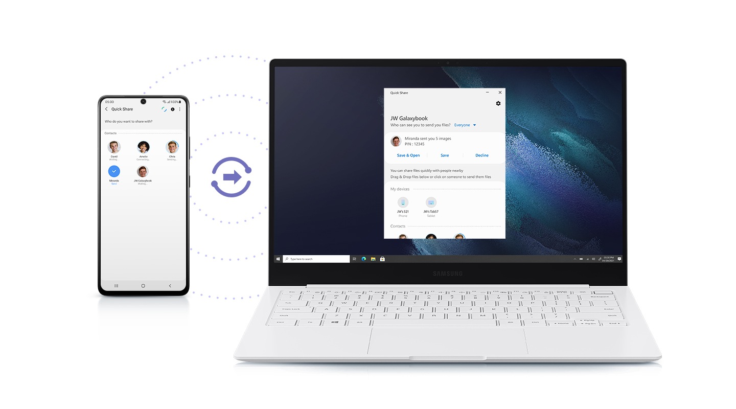 Galaxy Book Pro has a smartphone on its left to receive files. Photos of nearby people who can share files appear on the smartphone, and a photo of a sender pops-up on the laptop.