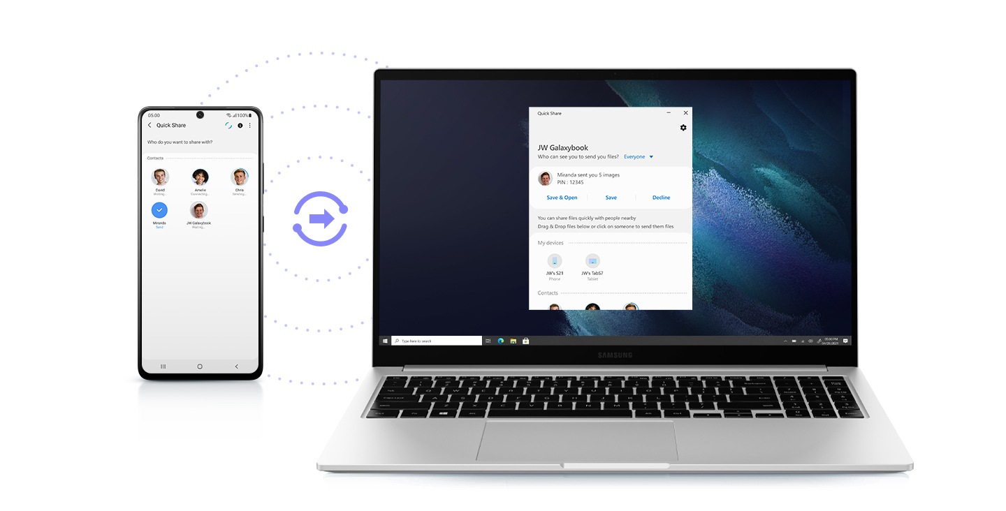 The Galaxy Book is placed side by side with a mobile phone, with devices sharing contact information in real time. In-between is an icon showing an arrow going from one device to another, demonstrating files can be shared quickly.