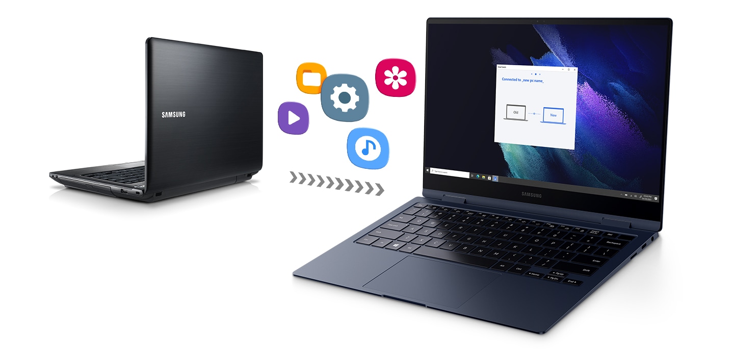 An old laptop facing backwards on left and the Galaxy Book Pro 360 is facing to the front. Five program and file icons moving from the old laptop to the Galaxy Book Pro 360 suggest an upgrade to the Galaxy Book Pro 360 can be done simply and quickly, using Smart Switch.
