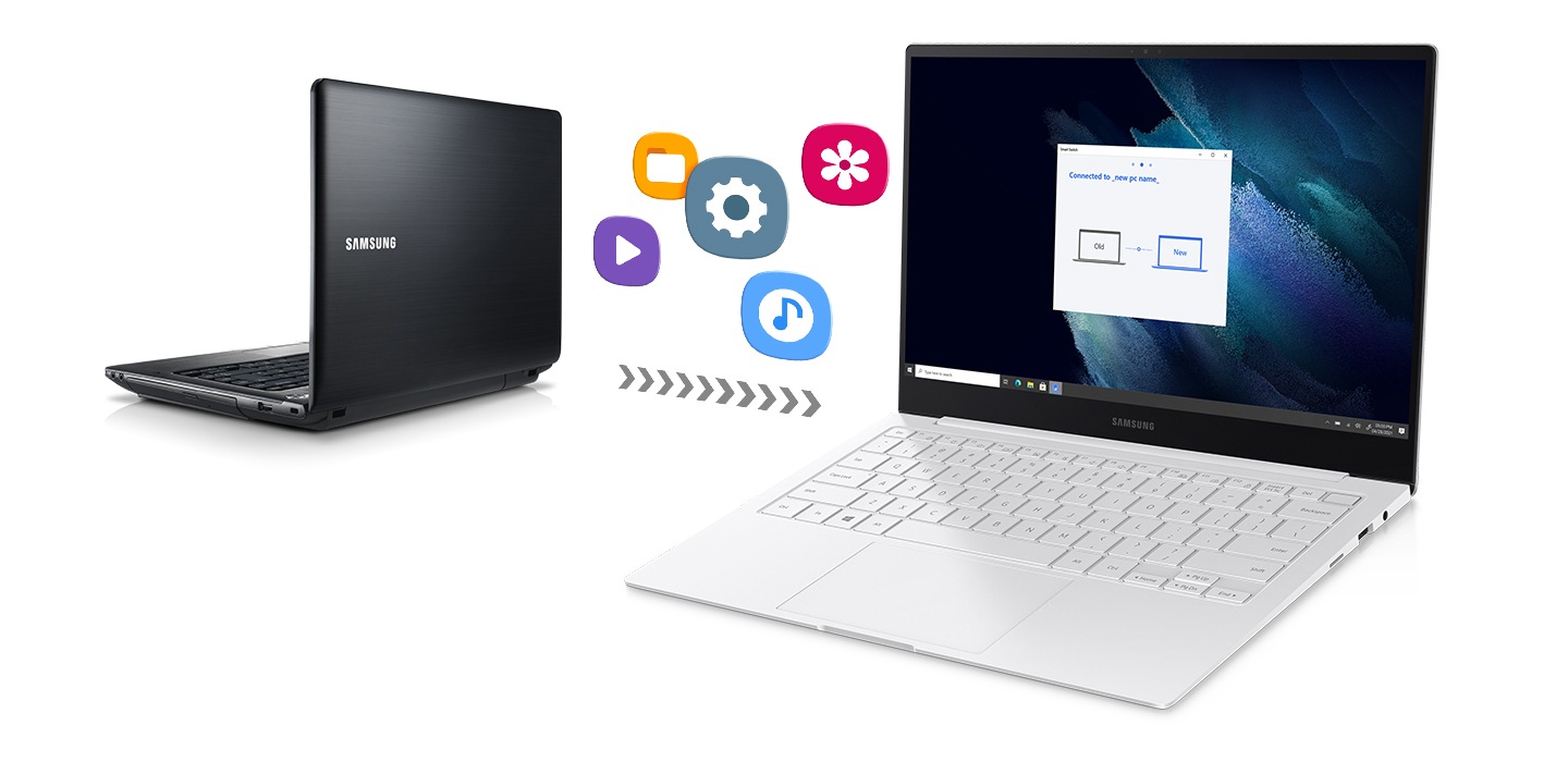 Two different laptops, one is old and the other one is new(Galaxy Book Pro), are placed side by side. 5 Icons between the two laptops represent videos, files, settings, music and photos, that can be transferred from an old laptop to the new one.