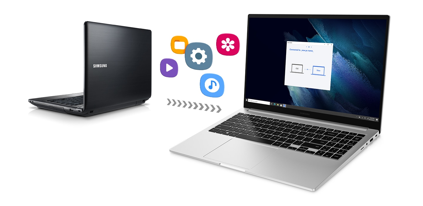 An old laptop facing backwards on left and the Galaxy Book is facing to the front. Five program and file icons moving from the old laptop to the Galaxy Book suggest an upgrade to the Galaxy Book can be done simply and quickly, using Smart Switch.