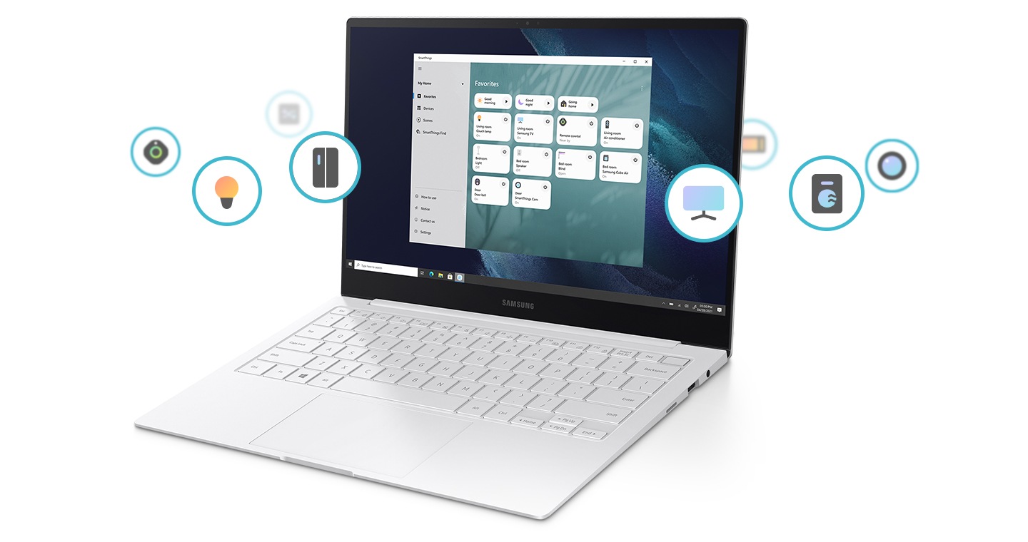 The Galaxy Book Pro is surrounded by several icons showing various IoT devices such as a lighting, refrigerator, TV and a washing machine. Displayed on the screen is the IoT controller of SmartThings system.