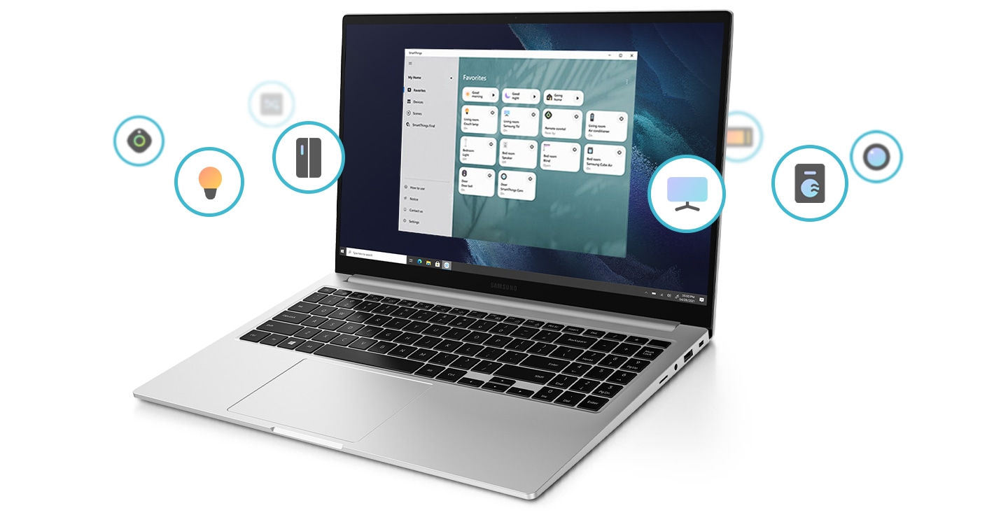 The laptop is surrounded by several icons showing various IoT devices such as a TV, lighting, refrigerator and washer & dryer. Displayed on the screen is the program in operation regarding SmartThings home system for a connected living.