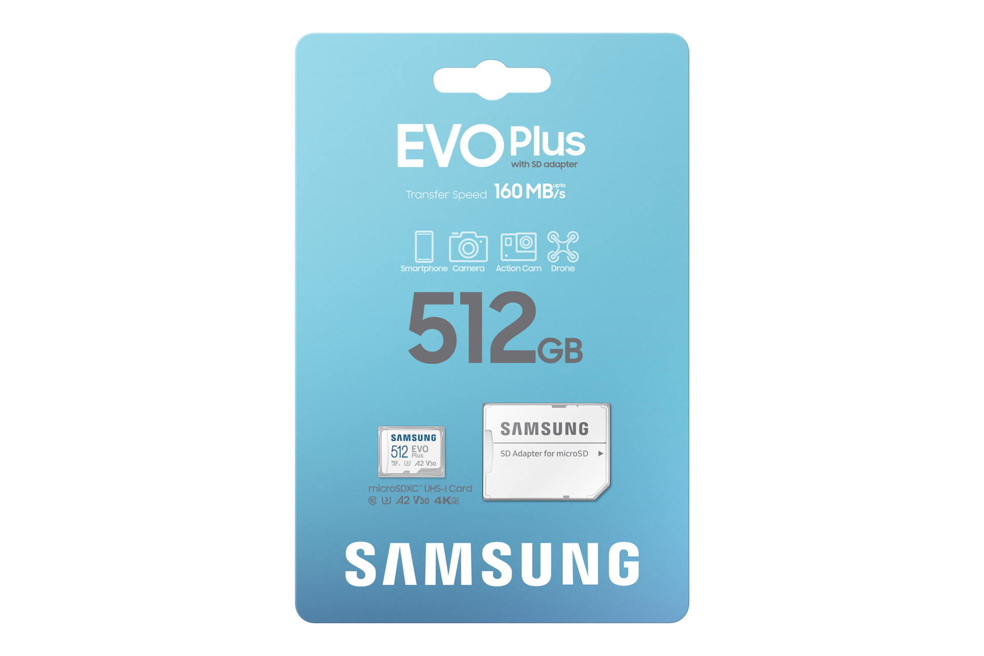 MicroSD EVO Plus da 512 GB, velocità di lettura sequenziale fino a 160 MB/s