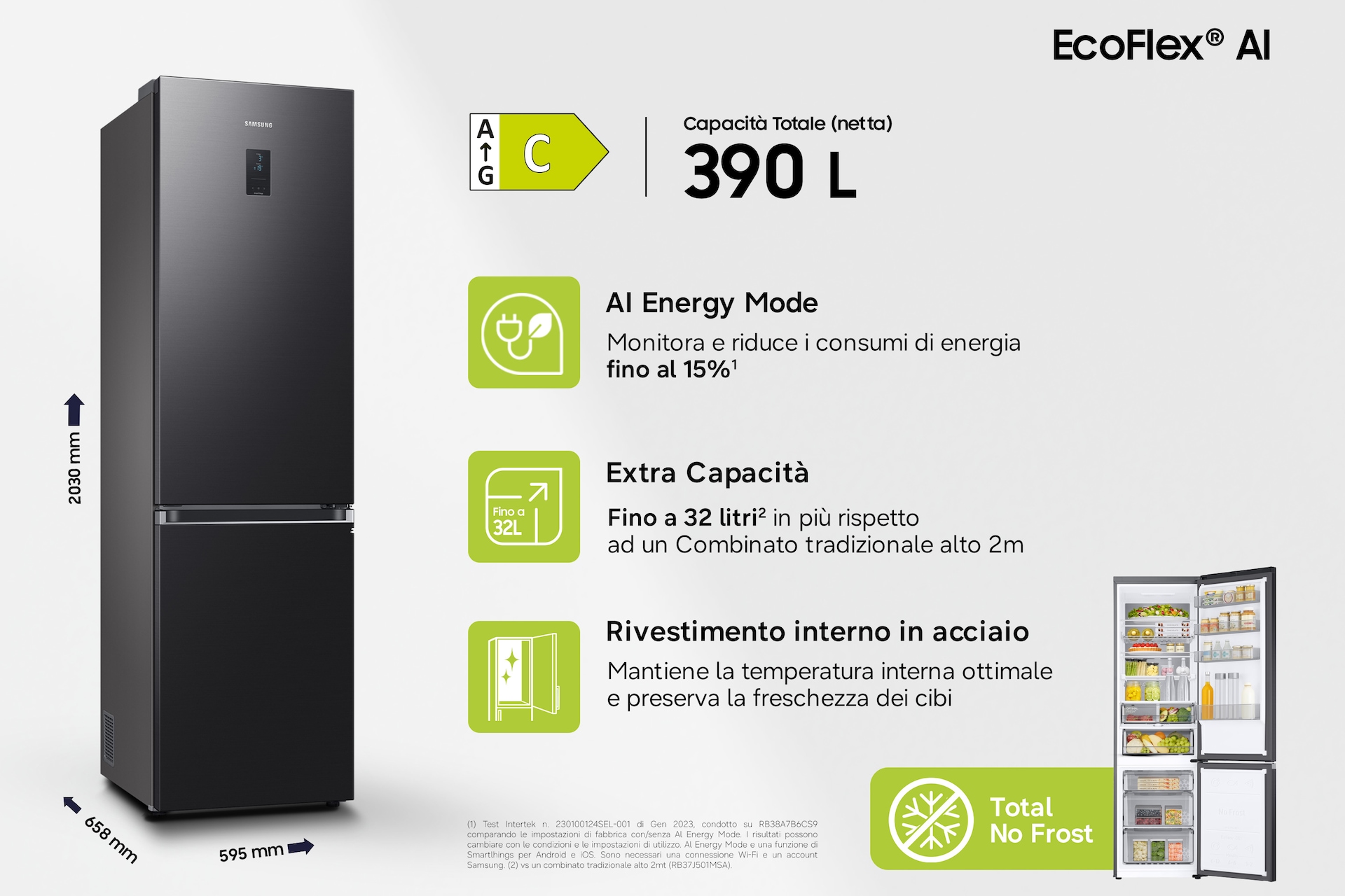 Frigorifero Combinato Samsung EcoFlex AI 2m 390L RB38C776CB1/EF Black