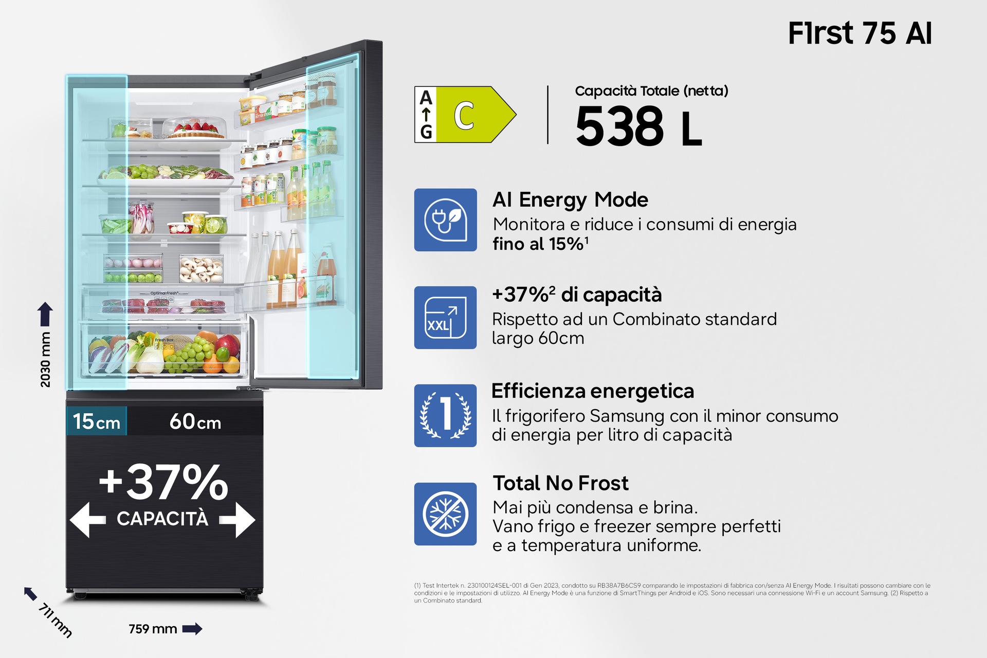 Frigorifero Combinato Samsung FIRST 75 AI largo 75cm Total No Frost 538L RB53DG706AB1EF Black Doi
