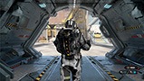 A video game character is exiting the back of an airplane.