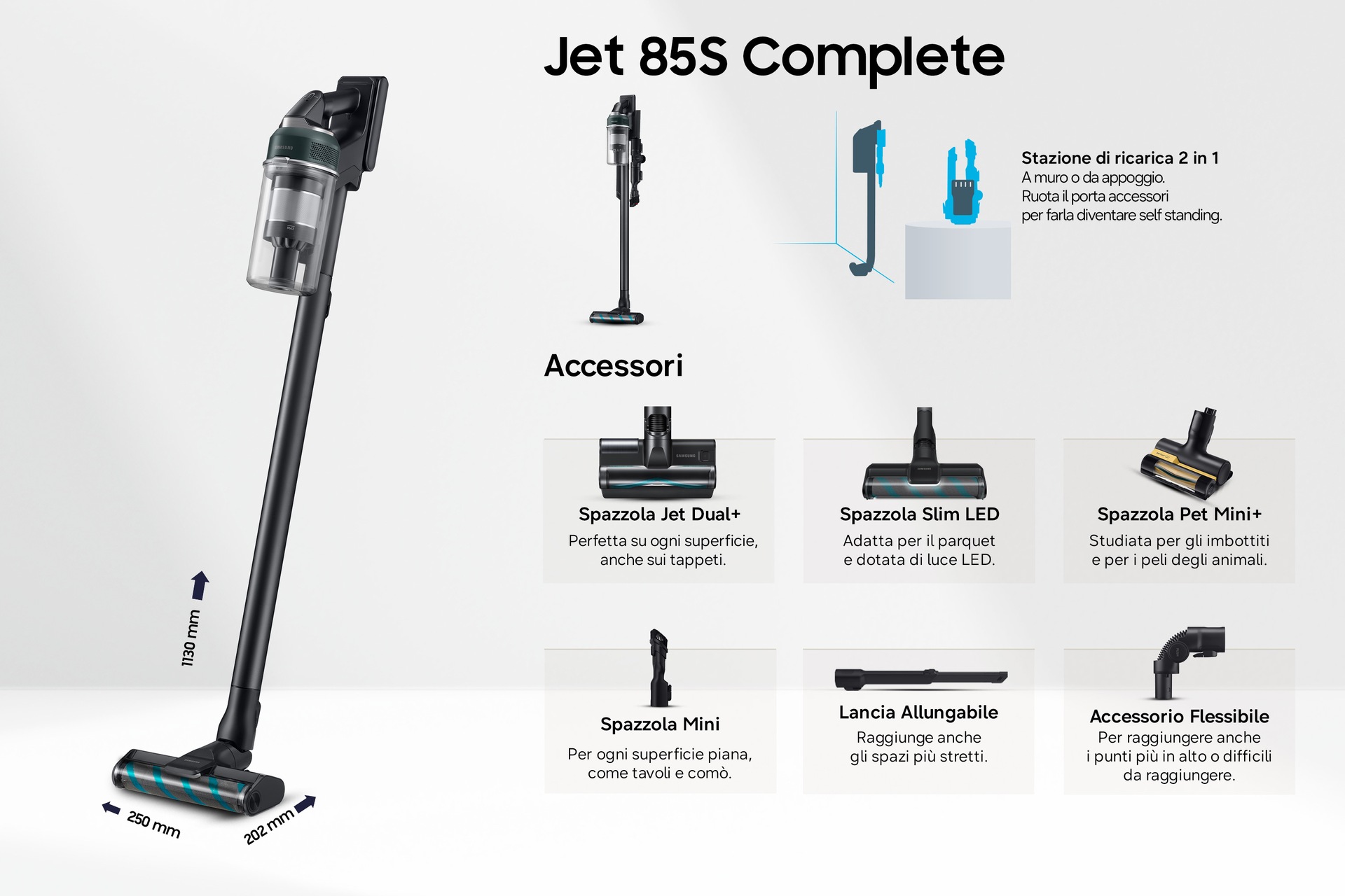 Jet 85S Stick VC 250W / 60 Min. 2.43kg with the Slim LED Brush Front1 Phantom Green 