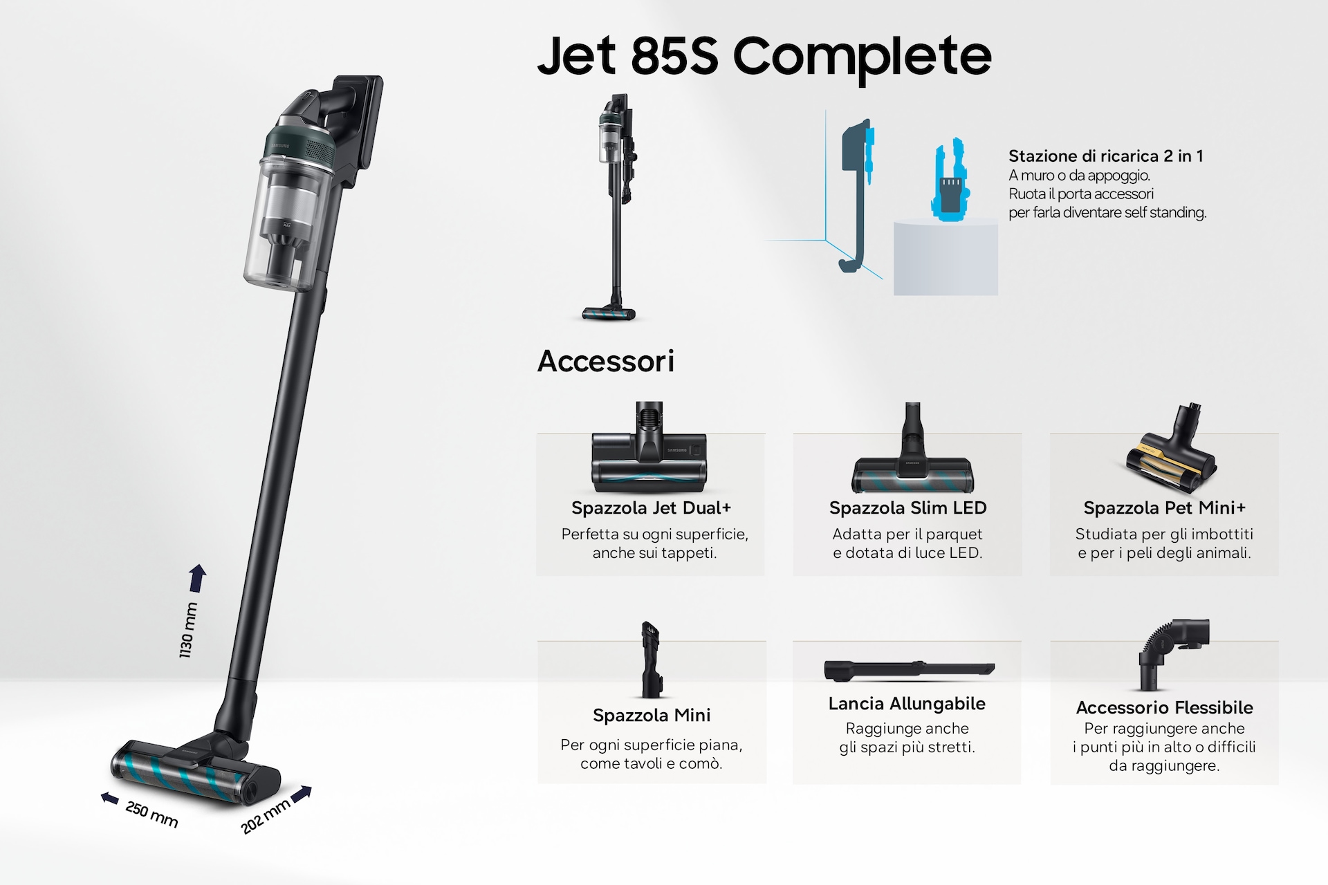 Jet 85S Stick VC 250W / 60 Min. 2.43kg with the Slim LED Brush Front1 Phantom Green 